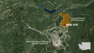 An arial map showing the current boundary of the Mount St. Helens National Volcanic Monument and CFC's proposed mineral withdrawal