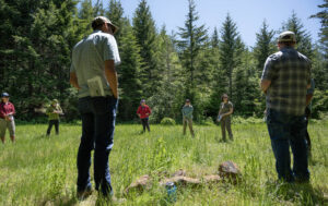 A large group of people standing in a forest clearing discussing an upcoming timber sale.