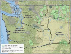 WDFW map showing territories of known wolf packs at the end of 2022